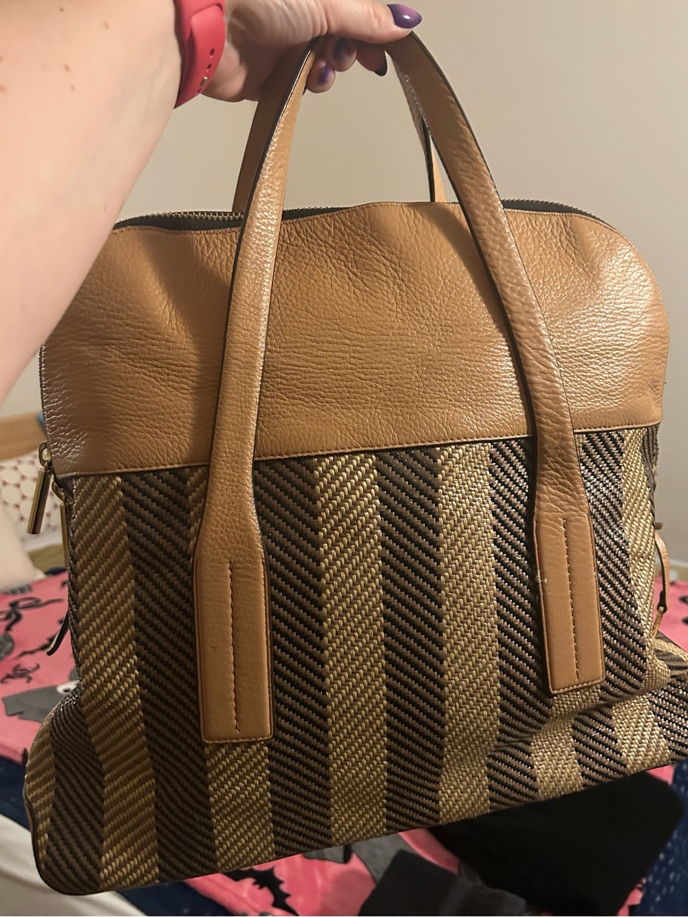 henri bendel Tan and Brown Striped Top-Handle Tote